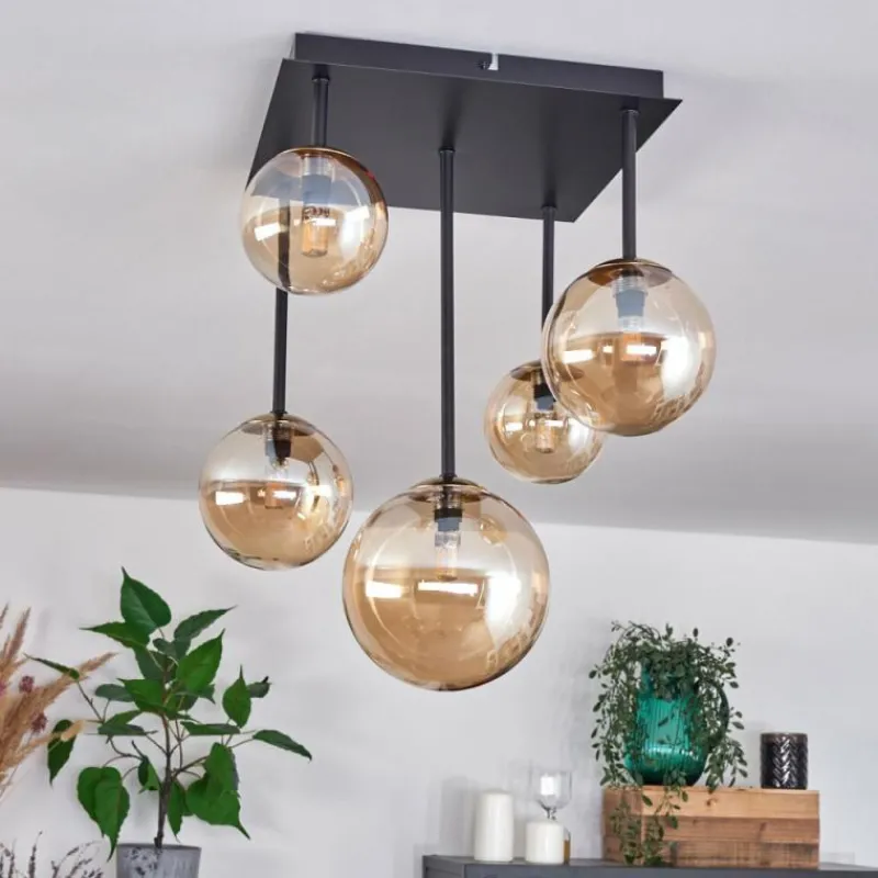 hofstein Plafonnier - Verre 10 cm, 12 cm, 15 cm Chehalis Or, Noir, 5 lumières