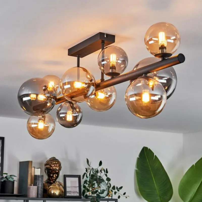 hofstein Plafonnier - Verre 10 cm, 12 cm, 15 cm Chehalis Ambre, Fumé, 10 lumières