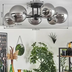 hofstein Plafonnier - Verre 12 cm, 15 cm Chehalis Fumé, 6 lumières
