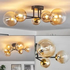 hofstein Plafonnier - Verre 10 cm, 12 cm, 15 cm Chehalis Or, Noir, 6 lumières