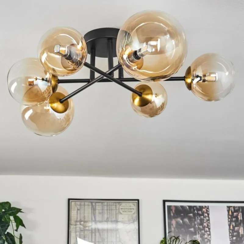 hofstein Plafonnier - Verre 10 cm, 12 cm, 15 cm Chehalis Or, Noir, 6 lumières