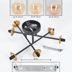 hofstein Plafonnier - Verre 10 cm, 12 cm, 15 cm Chehalis Or, Noir, 6 lumières