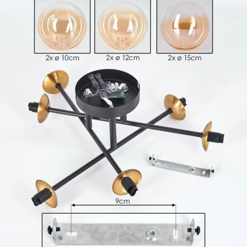 hofstein Plafonnier - Verre 10 cm, 12 cm, 15 cm Chehalis Or, Noir, 6 lumières