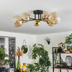 hofstein Plafonnier - Verre 10 cm, 12 cm, 15 cm Chehalis Or, Noir, 6 lumières