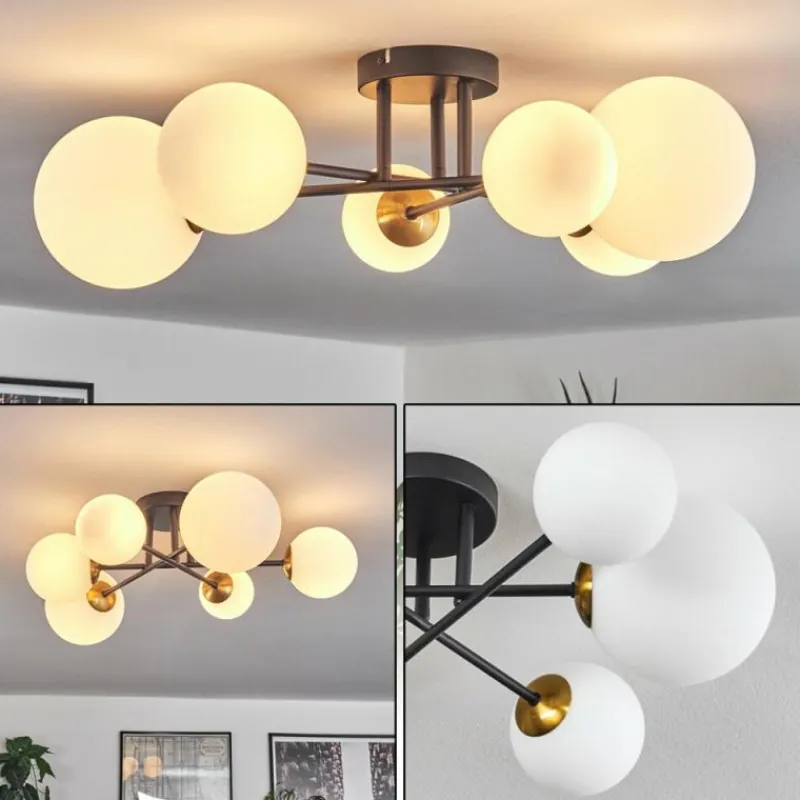 hofstein Plafonnier - Verre 10 cm, 12 cm, 15 cm Chehalis Or, Noir, 6 lumières