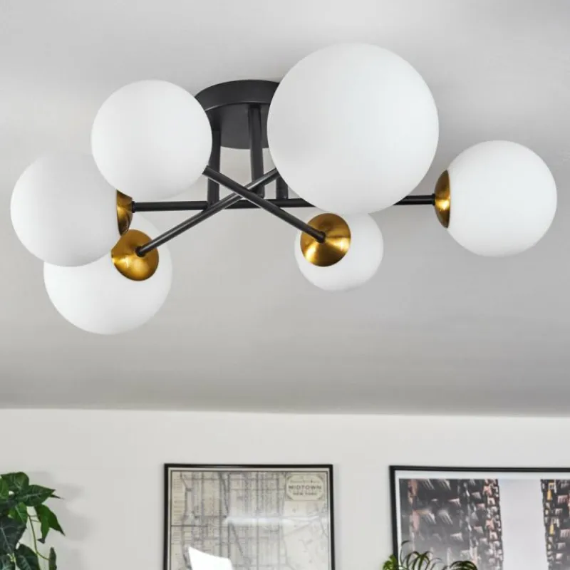 hofstein Plafonnier - Verre 10 cm, 12 cm, 15 cm Chehalis Or, Noir, 6 lumières