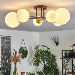 hofstein Plafonnier - Verre 10 cm, 12 cm, 15 cm Chehalis Or, Noir, 6 lumières