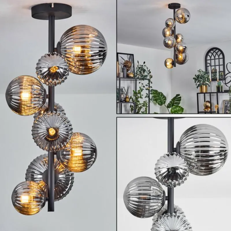 hofstein Plafonnier - Verre 10 cm, 12 cm, 15 cm Chehalis Fumé, 8 lumières