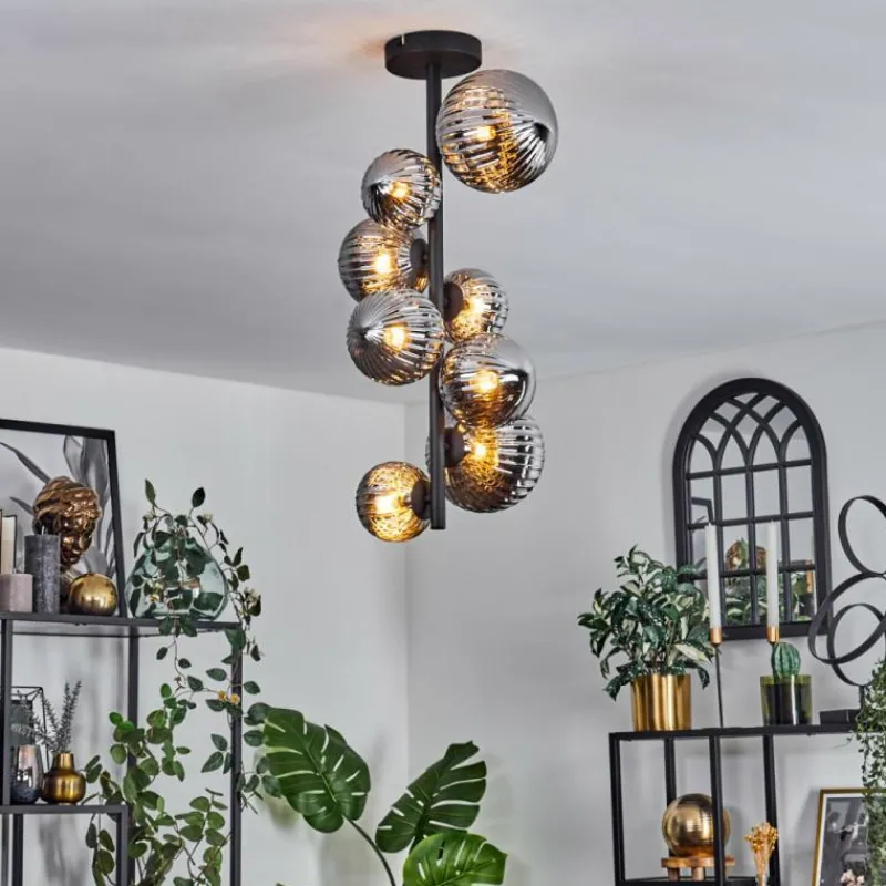 hofstein Plafonnier - Verre 10 cm, 12 cm, 15 cm Chehalis Fumé, 8 lumières