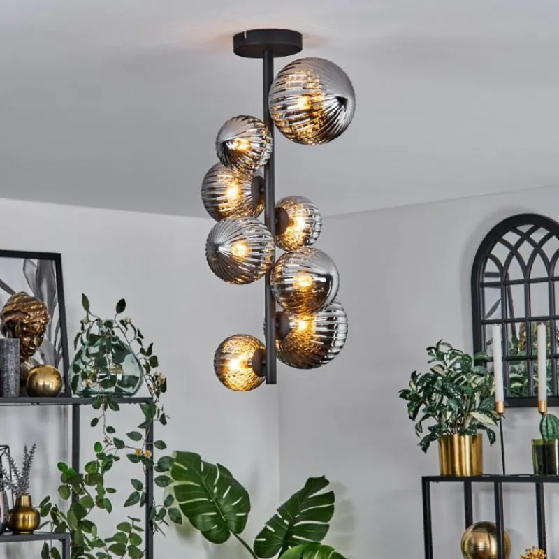 hofstein Plafonnier - Verre 10 cm, 12 cm, 15 cm Chehalis Fumé, 8 lumières