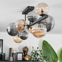 hofstein Plafonnier - Verre 10 cm, 12 cm, 15 cm Chehalis Ambre, Fumé, 10 lumières