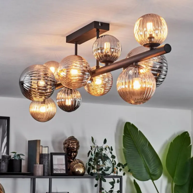 hofstein Plafonnier - Verre 10 cm, 12 cm, 15 cm Chehalis Ambre, Fumé, 10 lumières