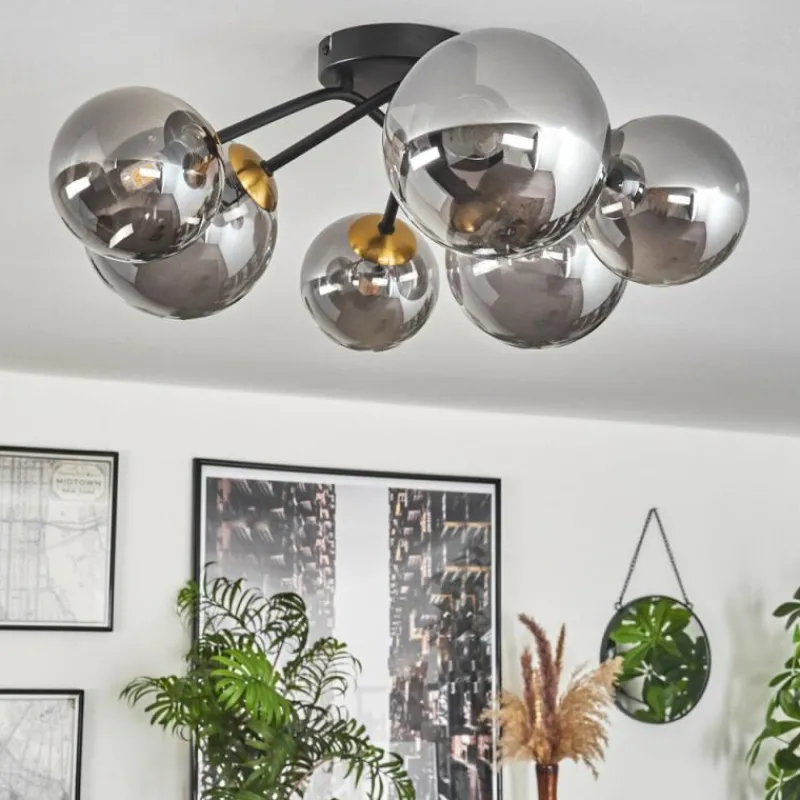 Lampes Art Déco-hofstein Plafonnier - Verre 12 cm, 15 cm Chehalis Or, Noir, 6 lumières