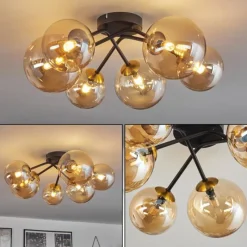 hofstein Plafonnier - Verre 12 cm, 15 cm Chehalis Or, Noir, 6 lumières