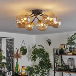 hofstein Plafonnier - Verre 12 cm, 15 cm Chehalis Or, Noir, 6 lumières