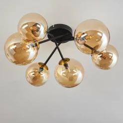 hofstein Plafonnier - Verre 12 cm, 15 cm Chehalis Or, Noir, 6 lumières