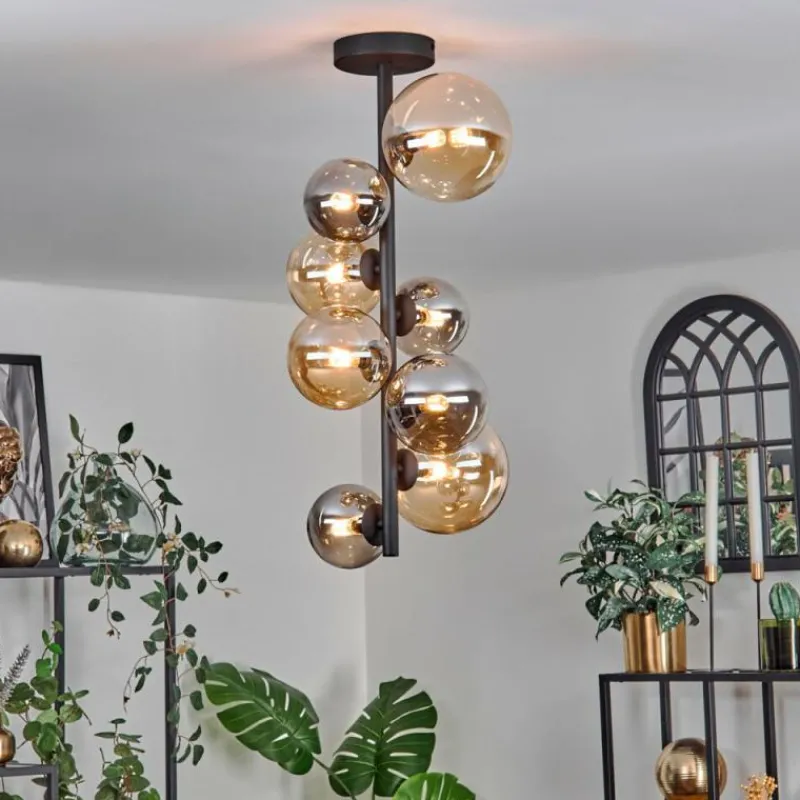 hofstein Plafonnier - Verre 10 cm, 12 cm, 15 cm Chehalis Ambre, Fumé, 8 lumières