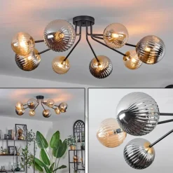 Lampes Dorées-hofstein Plafonnier - Verre 12 cm, 15 cm Chehalis Or, Noir, 8 lumières