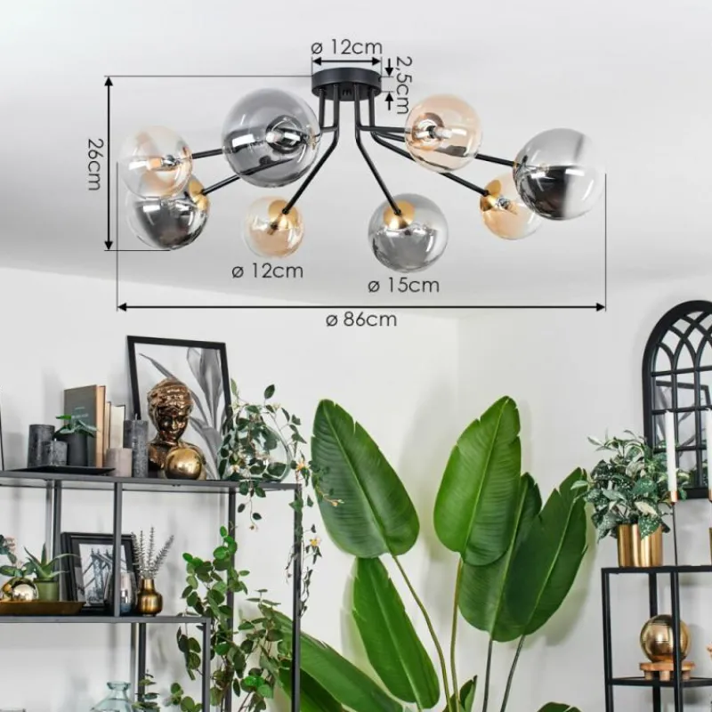 Lampes Dorées-hofstein Plafonnier - Verre 12 cm, 15 cm Chehalis Or, Noir, 8 lumières