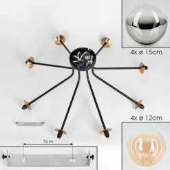 Lampes Dorées-hofstein Plafonnier - Verre 12 cm, 15 cm Chehalis Or, Noir, 8 lumières