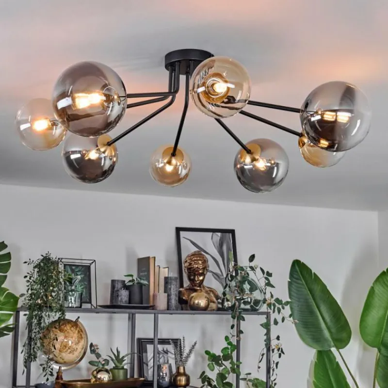 Lampes Dorées-hofstein Plafonnier - Verre 12 cm, 15 cm Chehalis Or, Noir, 8 lumières