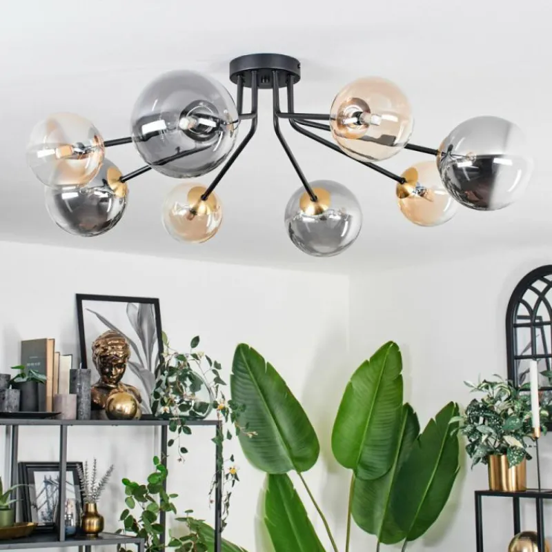 Lampes Dorées-hofstein Plafonnier - Verre 12 cm, 15 cm Chehalis Or, Noir, 8 lumières