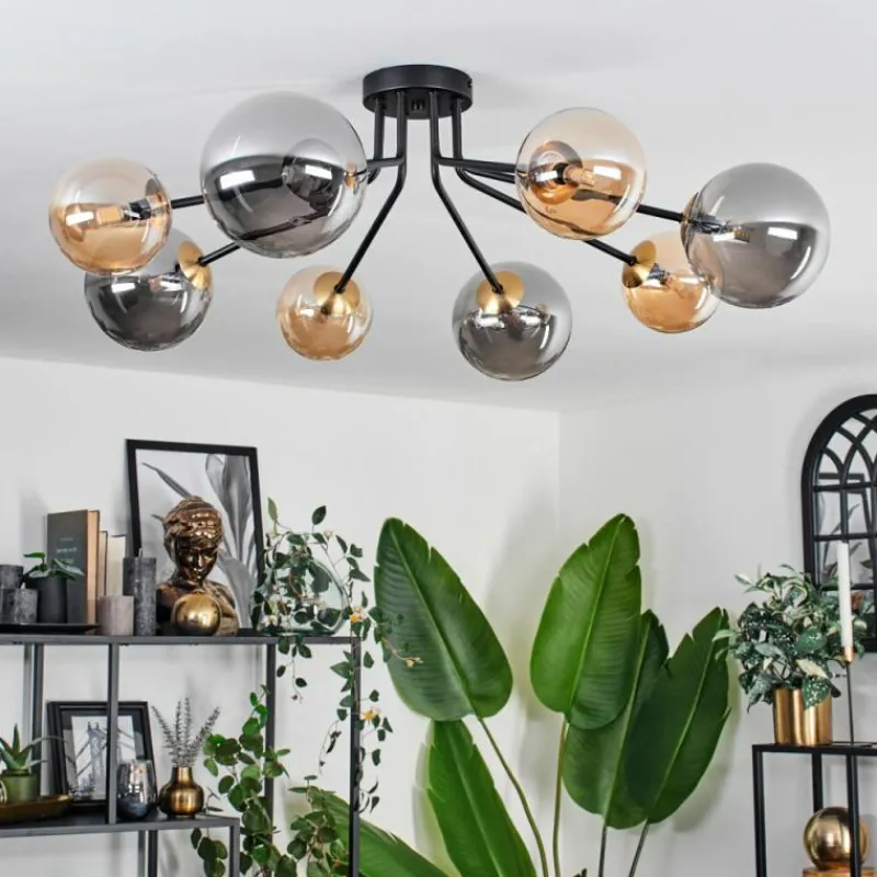 Lampes Dorées-hofstein Plafonnier - Verre 12 cm, 15 cm Chehalis Or, Noir, 8 lumières