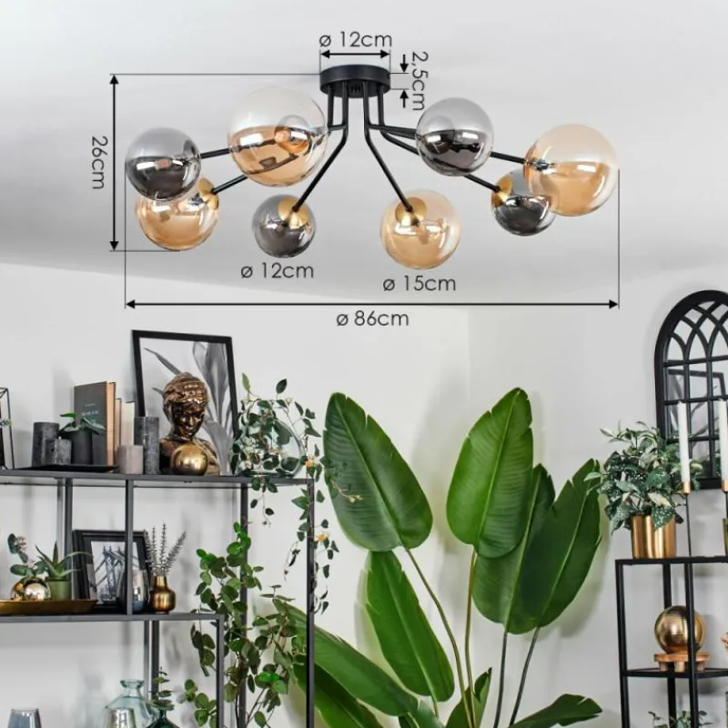Lampes Dorées-hofstein Plafonnier - Verre 12 cm, 15 cm Chehalis Or, Noir, 8 lumières