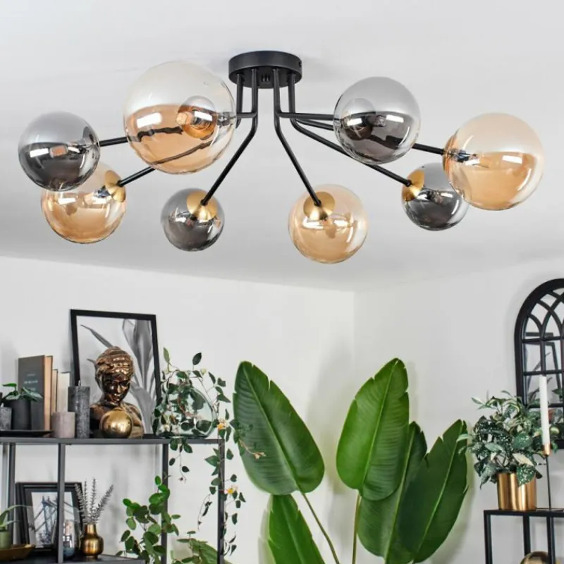 Lampes Dorées-hofstein Plafonnier - Verre 12 cm, 15 cm Chehalis Or, Noir, 8 lumières