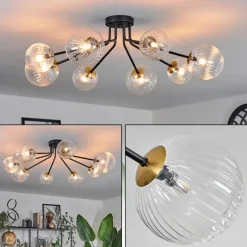 hofstein Plafonnier - Verre 12 cm, 15 cm Chehalis Or, Noir, 8 lumières