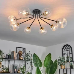 hofstein Plafonnier - Verre 12 cm, 15 cm Chehalis Or, Noir, 8 lumières