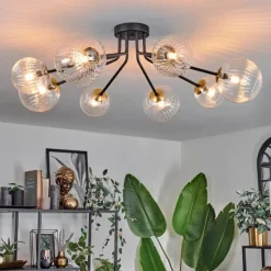 hofstein Plafonnier - Verre 12 cm, 15 cm Chehalis Or, Noir, 8 lumières