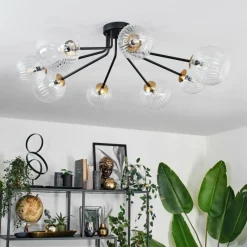 hofstein Plafonnier - Verre 12 cm, 15 cm Chehalis Or, Noir, 8 lumières