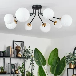 hofstein Plafonnier - Verre 12 cm, 15 cm Chehalis Or, Noir, 8 lumières