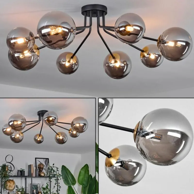 Lampes Dorées-hofstein Plafonnier - Verre 12 cm, 15 cm Chehalis Or, Noir, 8 lumières