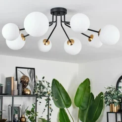 hofstein Plafonnier - Verre 12 cm, 15 cm Chehalis Or, Noir, 8 lumières