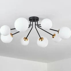 hofstein Plafonnier - Verre 12 cm, 15 cm Chehalis Or, Noir, 8 lumières