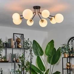 hofstein Plafonnier - Verre 12 cm, 15 cm Chehalis Or, Noir, 8 lumières