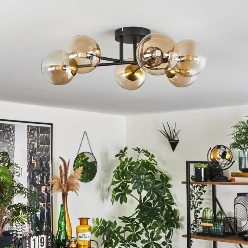 hofstein Plafonnier - Verre 12 cm Chehalis Or, Noir, 6 lumières