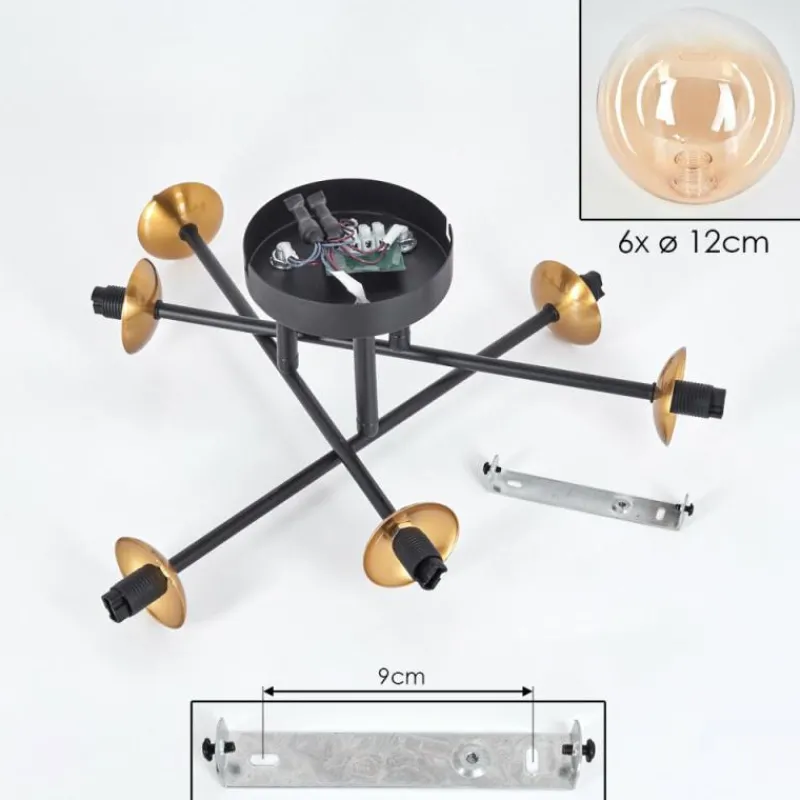 hofstein Plafonnier - Verre 12 cm Chehalis Or, Noir, 6 lumières