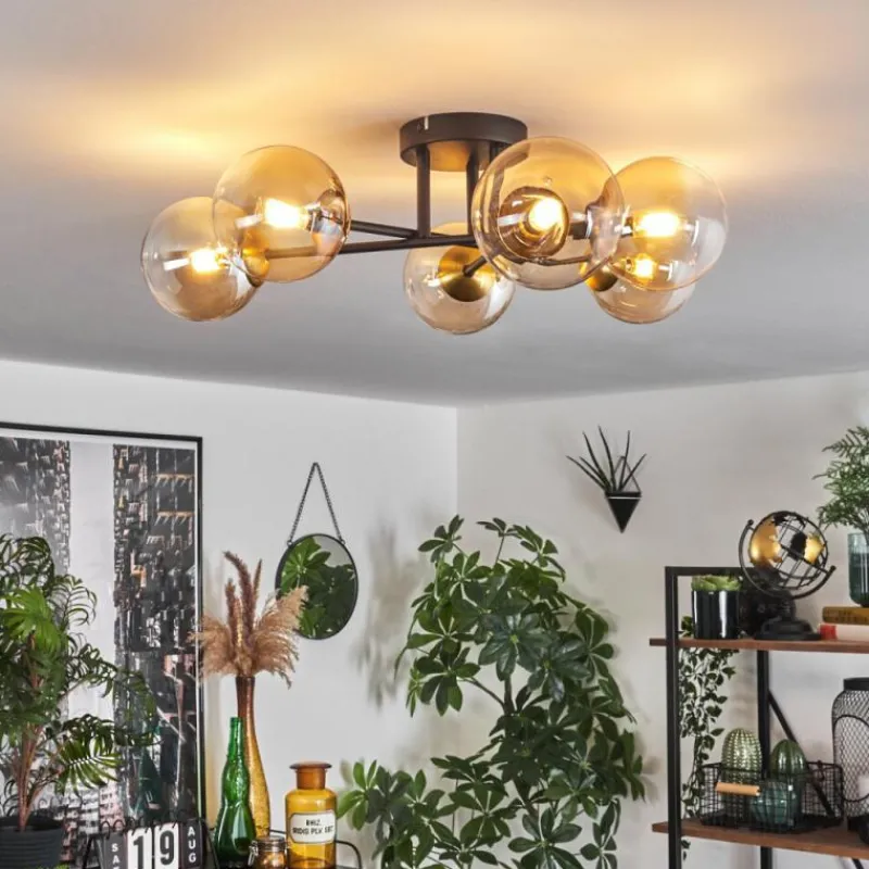 hofstein Plafonnier - Verre 12 cm Chehalis Or, Noir, 6 lumières