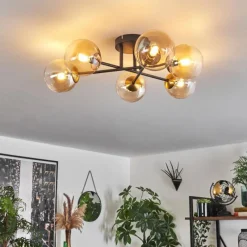 hofstein Plafonnier - Verre 12 cm Chehalis Or, Noir, 6 lumières