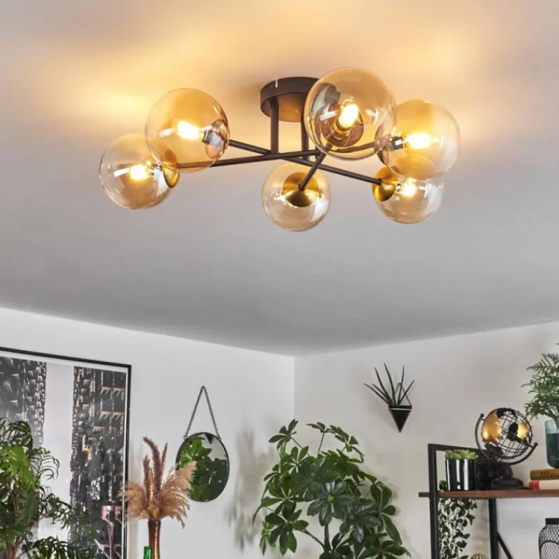 hofstein Plafonnier - Verre 12 cm Chehalis Or, Noir, 6 lumières