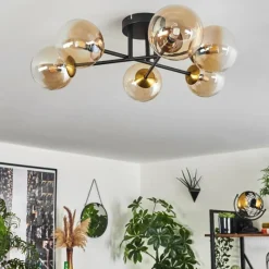 hofstein Plafonnier - Verre 12 cm Chehalis Or, Noir, 6 lumières