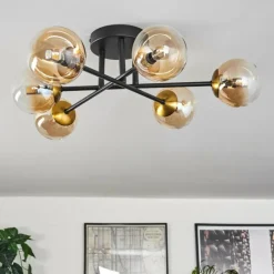 hofstein Plafonnier - Verre 10 cm Chehalis Or, Noir, 6 lumières