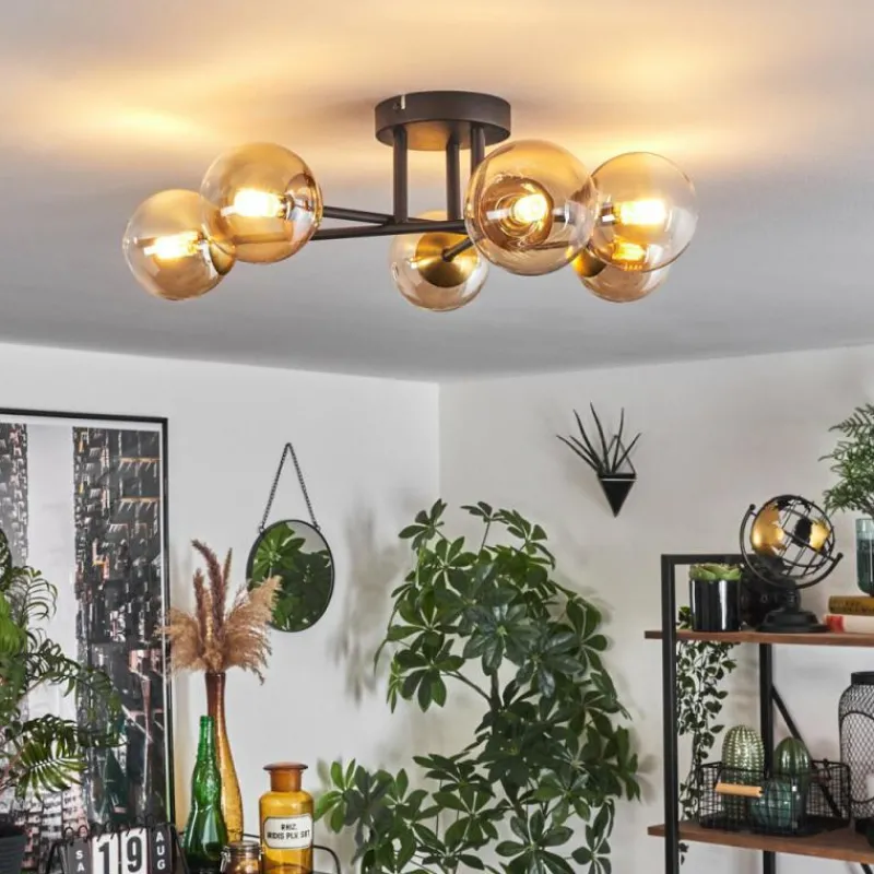 hofstein Plafonnier - Verre 10 cm Chehalis Or, Noir, 6 lumières