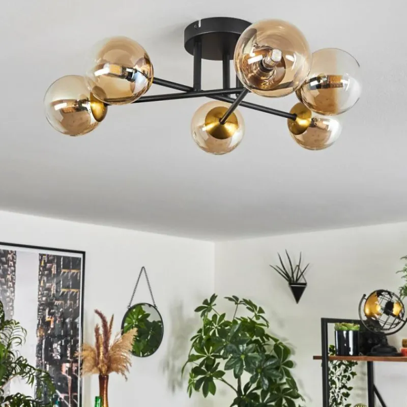hofstein Plafonnier - Verre 10 cm Chehalis Or, Noir, 6 lumières