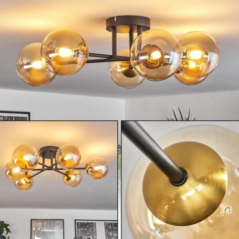 hofstein Plafonnier - Verre 12 cm Chehalis Or, Noir, 6 lumières