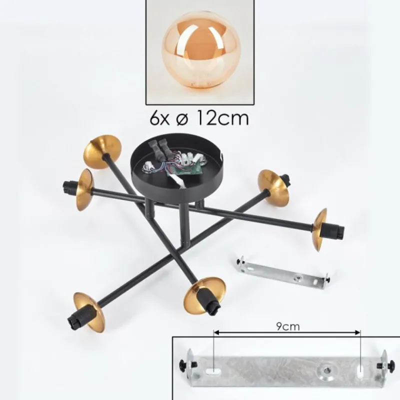 hofstein Plafonnier - Verre 12 cm Chehalis Or, Noir, 6 lumières