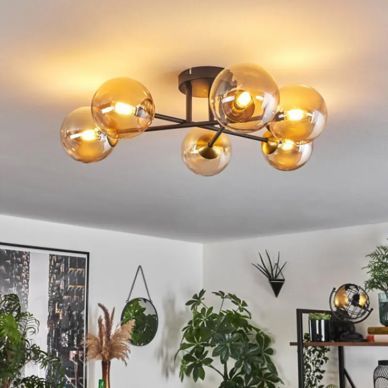 hofstein Plafonnier - Verre 12 cm Chehalis Or, Noir, 6 lumières